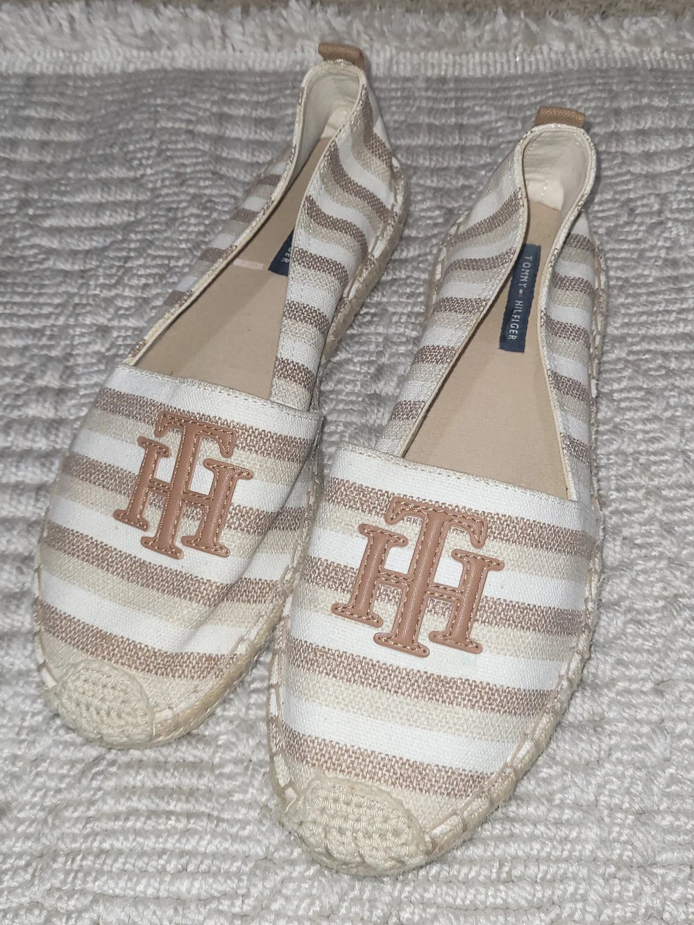 Tommy Hilfiger Striped Canvas Espadrille Flats Brown Tan Sz 8